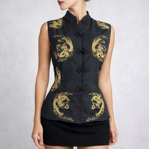Vintage Y2K Chinese Dragon Embroidered Mandarin Collar Top Cyber Y2K Goth M